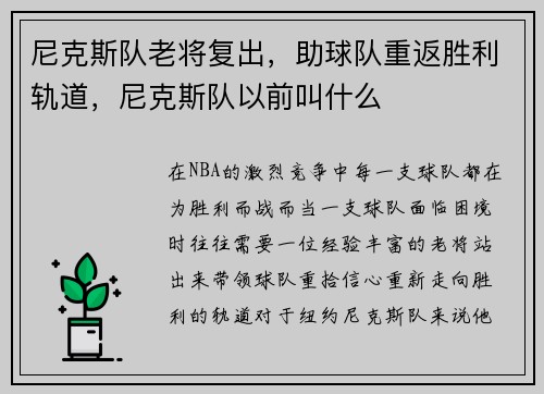 尼克斯队老将复出，助球队重返胜利轨道，尼克斯队以前叫什么