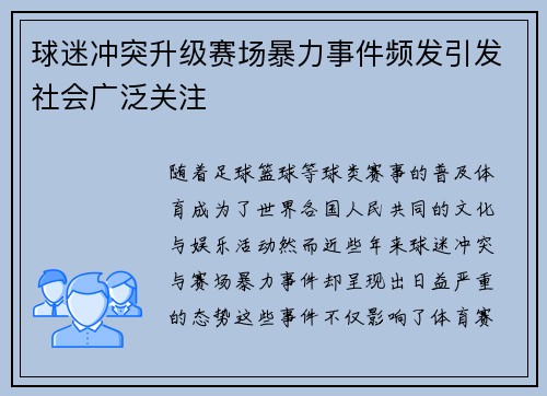 球迷冲突升级赛场暴力事件频发引发社会广泛关注